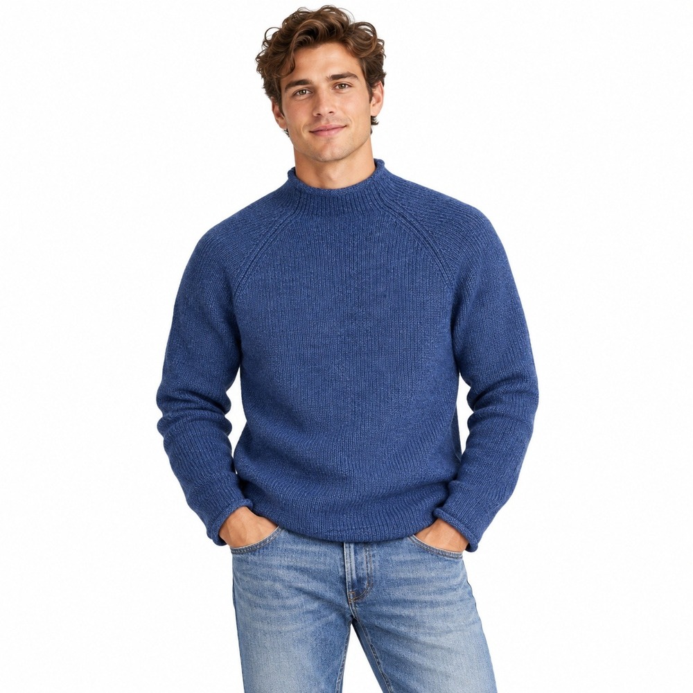 J Crew Sweater Mens S Blue Roll Neck Wool Chunky Knit Raglan Natural Fiber Warm